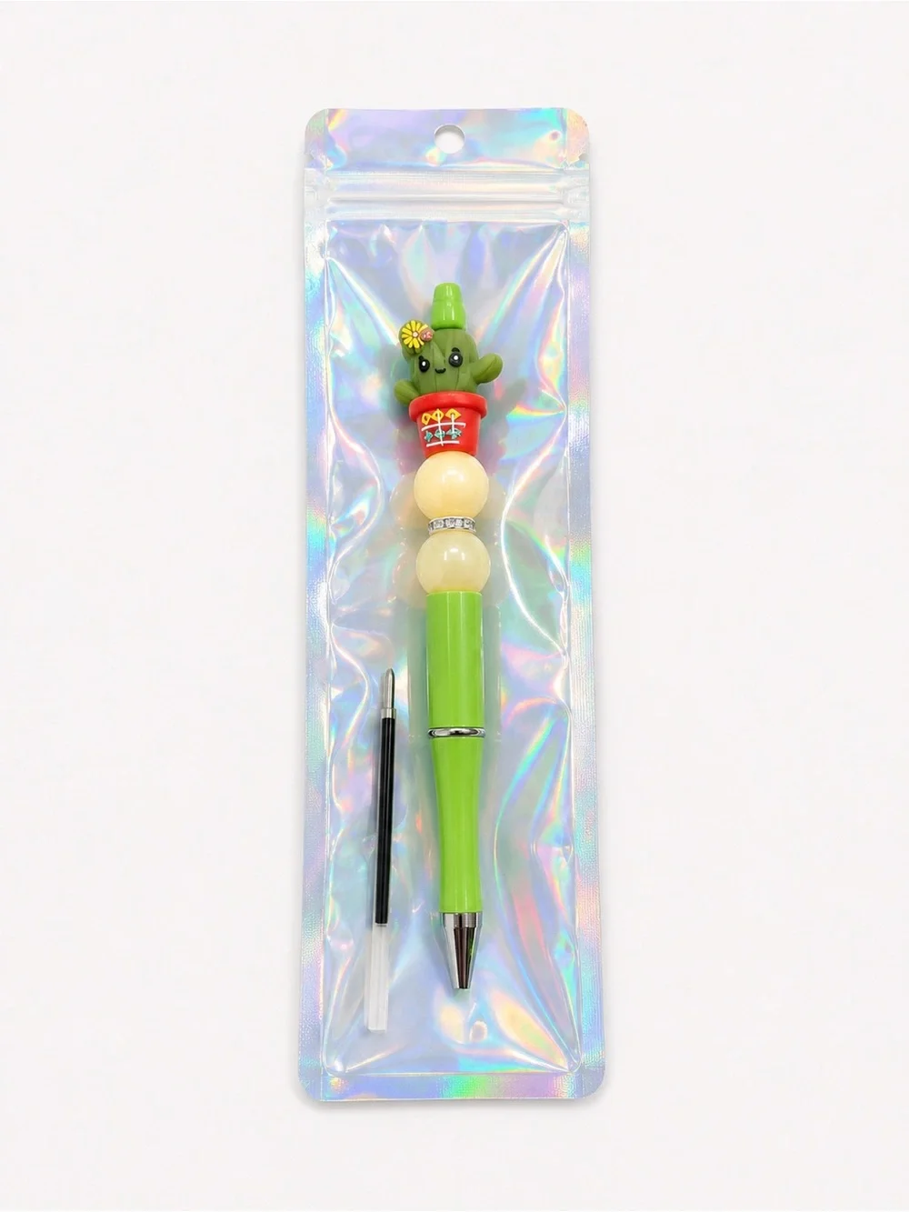 Cute Cactus Topper Ballpoint Pen in Lime Green with Red Planter extra ink